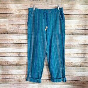 Sundance Bakari Blue Striped Boho Beachy Cuff Roll Hem Textured Pants Size M